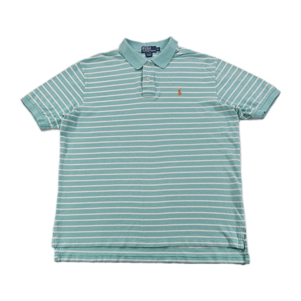 Vintage Polo Ralph Lauren Orange Pony Logo Mens XL Aqua Blue White Stripe Shirt